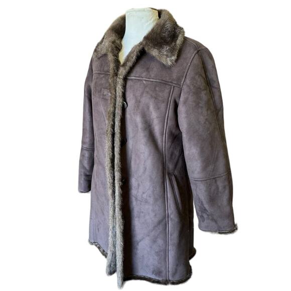 Women's Brown Suede and Faux Fur Lined Pea Coat Jacket by PLATINUM - Picture 2 of 9